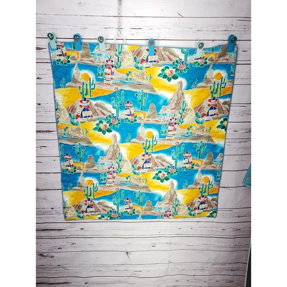 South Western Mexican Lap Baby‎ Blanket Blue Southwestern Quilt Vintage Boho